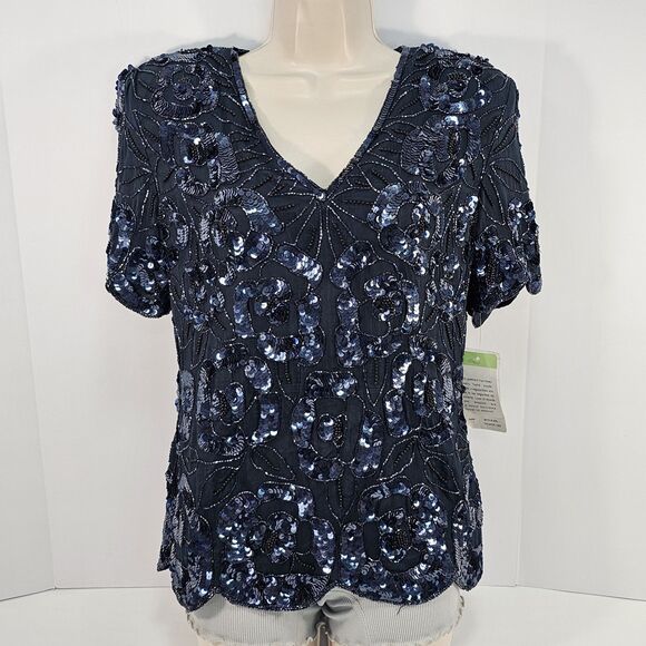 PAPELL Boutique Evening Navy Sequin Beaded Silk Scalloped Hem Blouse Top Size M - Picture 1 of 12